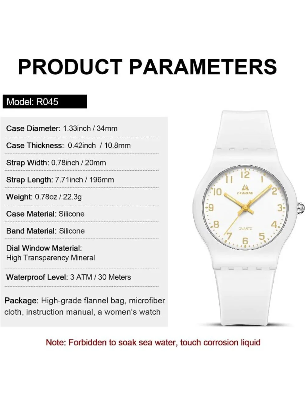 Ln Lenqin Women's All White Analog Quartz Rubber Strap Waterproof Wrist Watch